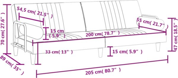 Afmetingen van een bank in centimeters en inches.