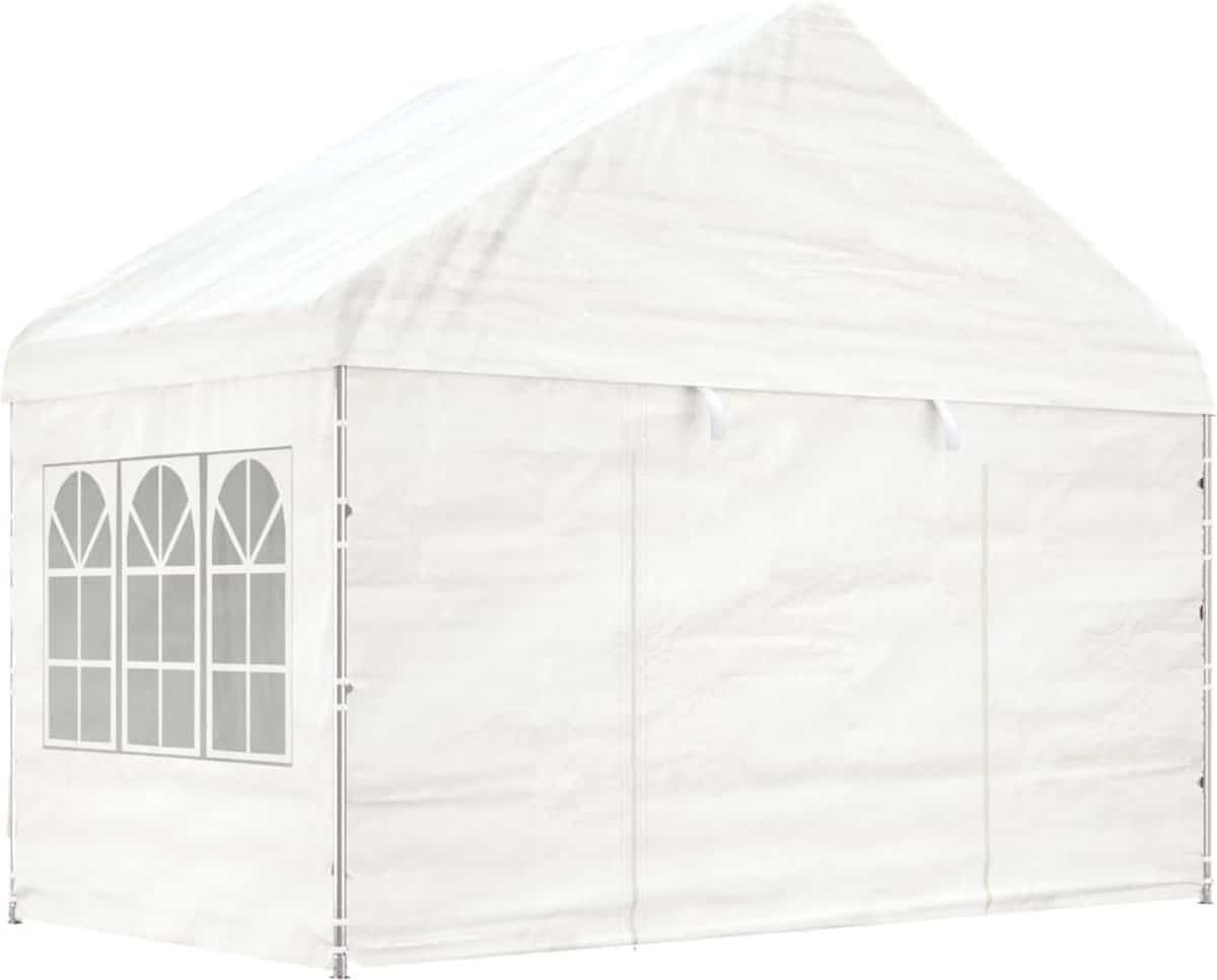 Witte partytent met raam en zijwanden.