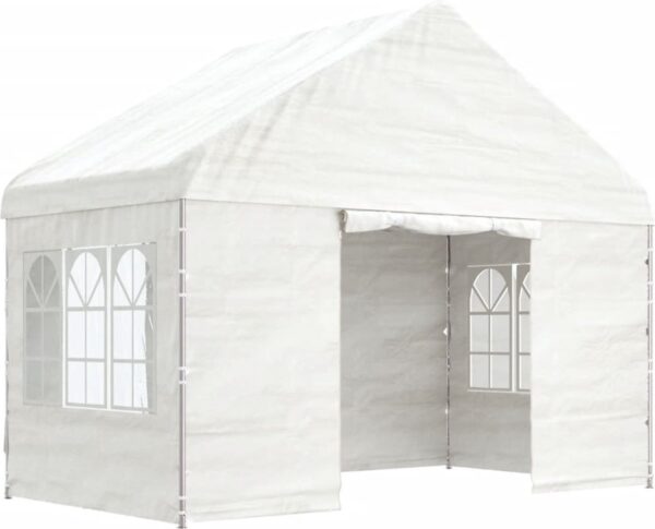 Witte partytent met zijwanden en vensters.