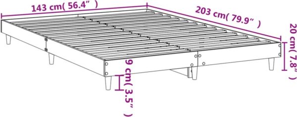 Bedframe met afmetingen in centimeters en inches.