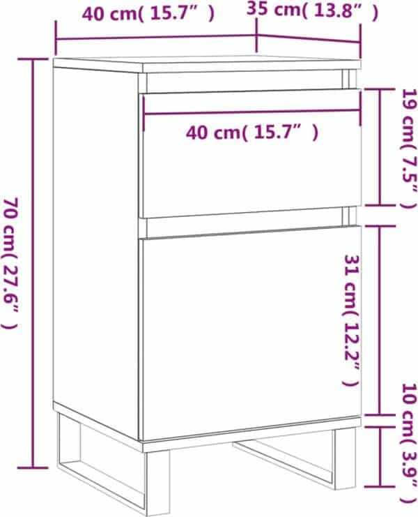 Ladeskast met afmetingen in centimeters en inches.