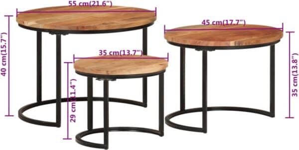 Drie ronde houten bijzettafels met metalen poten, diverse maten.