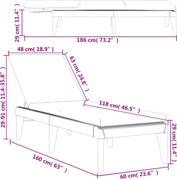 Diagram van verstelbare ligstoel met afmetingen in centimeters.