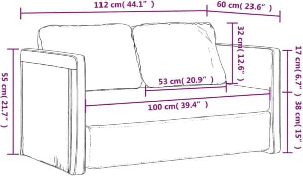 Afmetingen tweezitsbank in centimeters en inches.