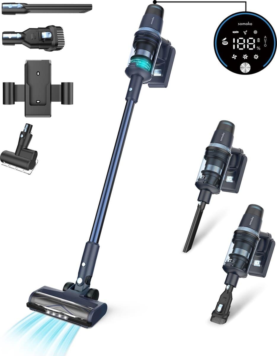 Draadloze steelstofzuiger met opzetstukken en digitaal display.