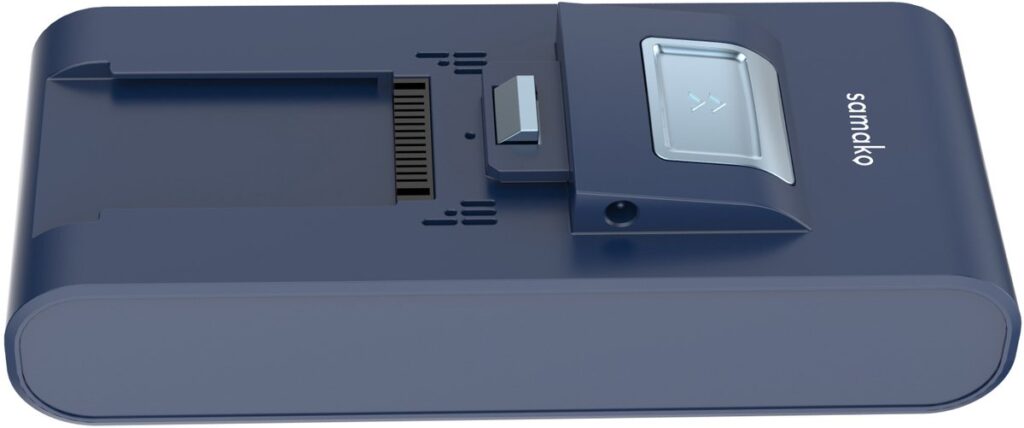 Blauw elektronisch apparaat met knop en merknaam