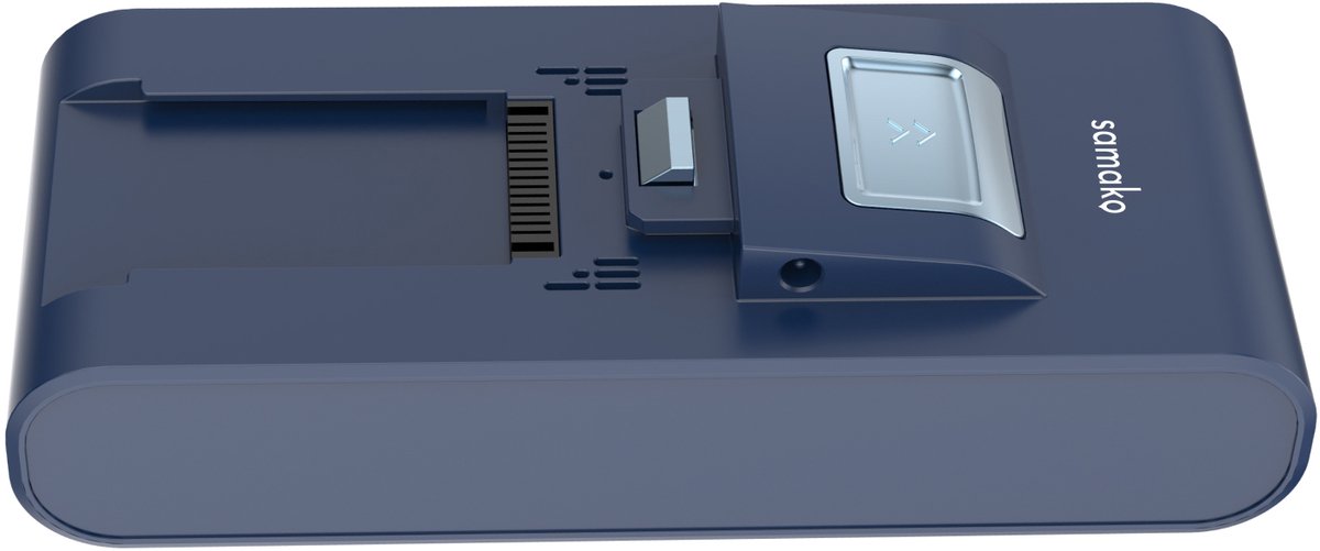 Blauw elektronisch apparaat met knop en merknaam