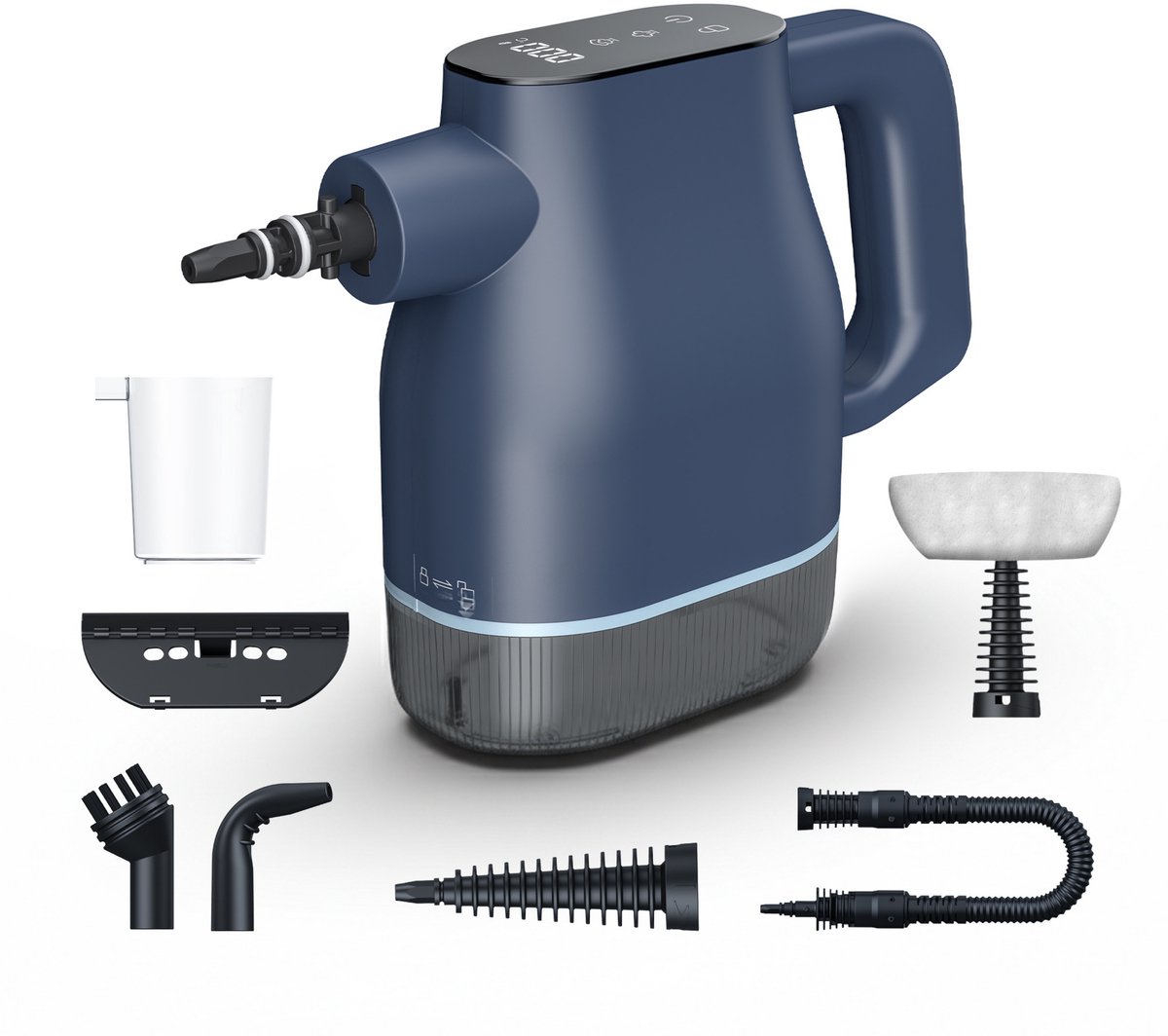 Stoomreiniger met accessoires op witte achtergrond