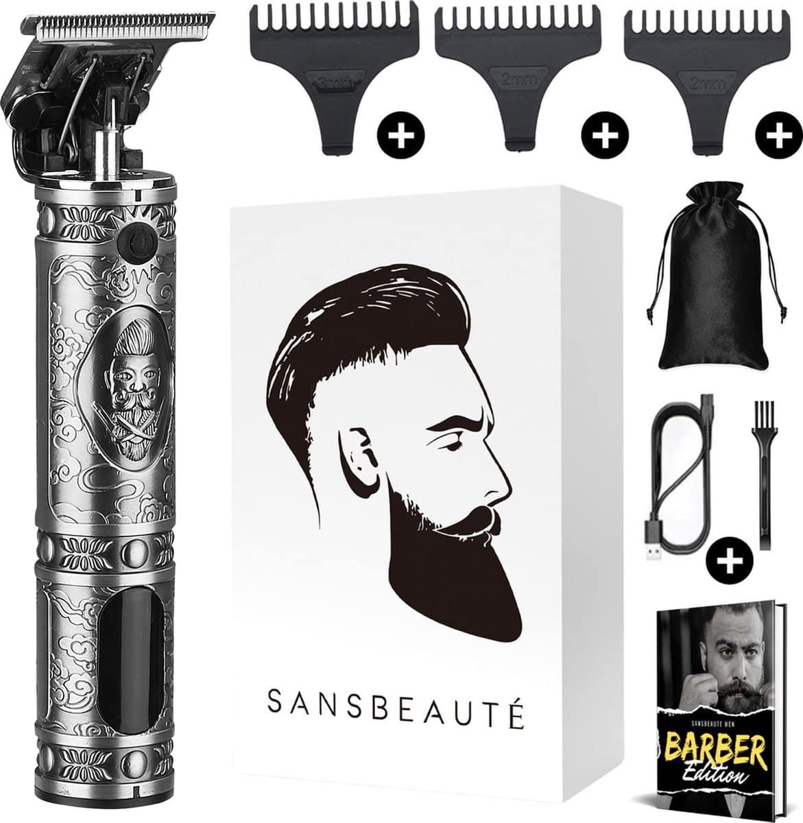 Baardtrimmer met opzetstukken en accessoires, SansBeauté merk.