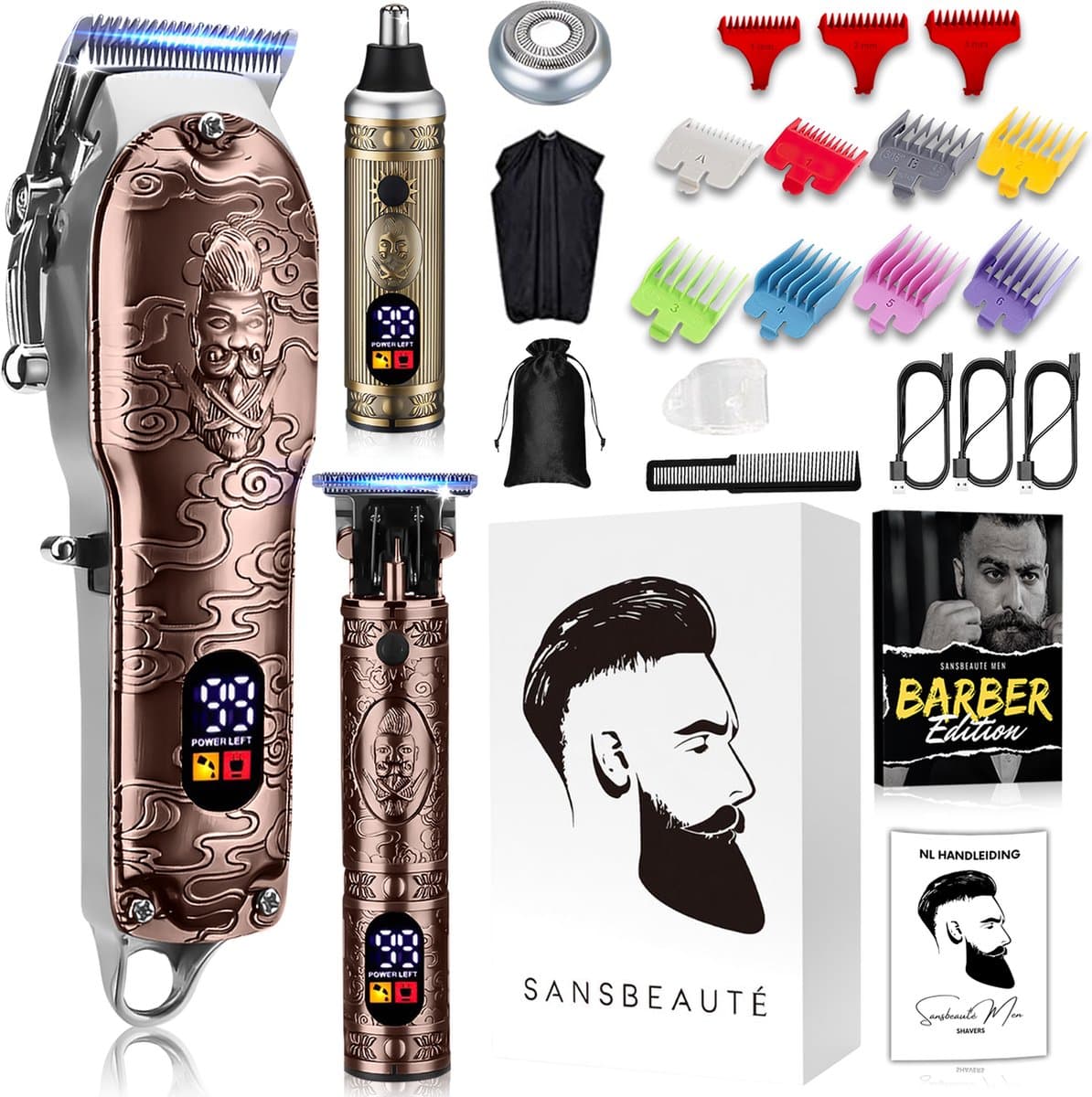 Kappersset met tondeuse, trimmer en accessoires.