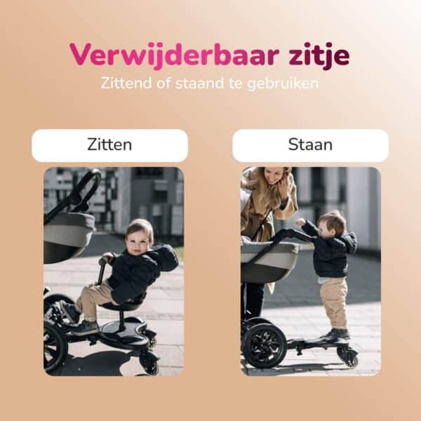 Verwijderbaar zitje, zittend of staand te gebruiken.