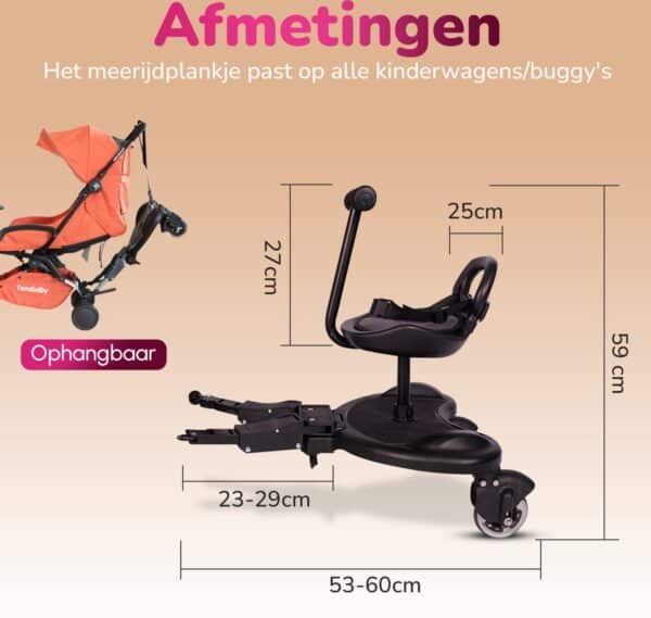 Afmetingen meeloopplankje kinderwagen met bevestiging