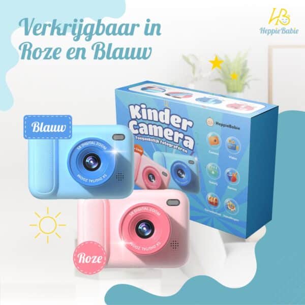 Roze en blauwe kindercamera met doos.