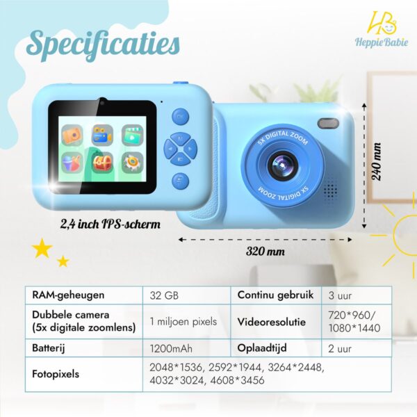 Blauwe kindercamera met specificaties en functies beschrijving.