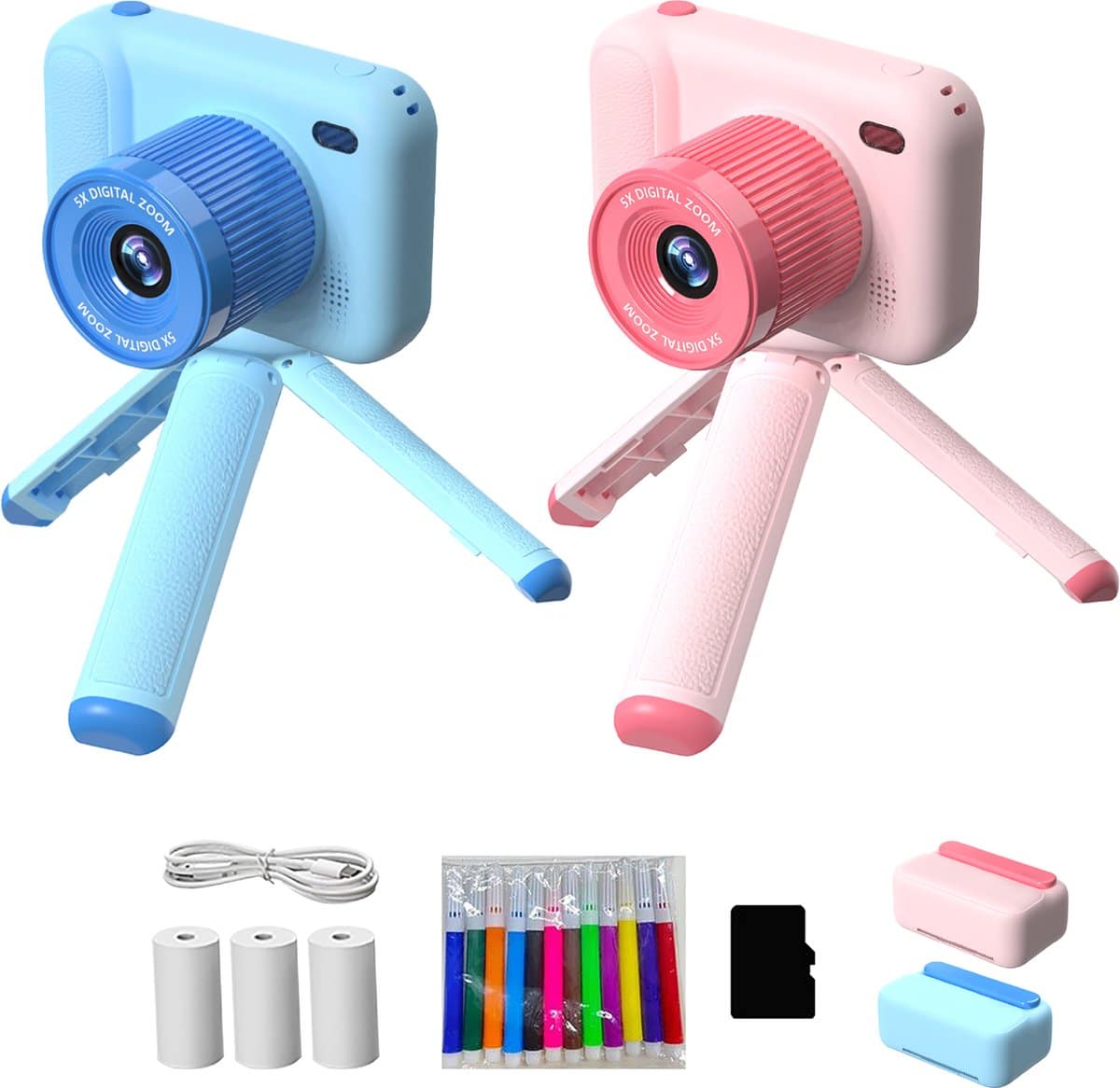 Twee speelgoedcamera's met accessoires en opladers.