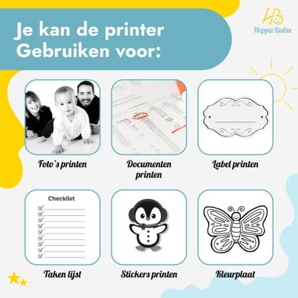 Printer toepassingen: foto's, documenten, labels, takenlijst, stickers.