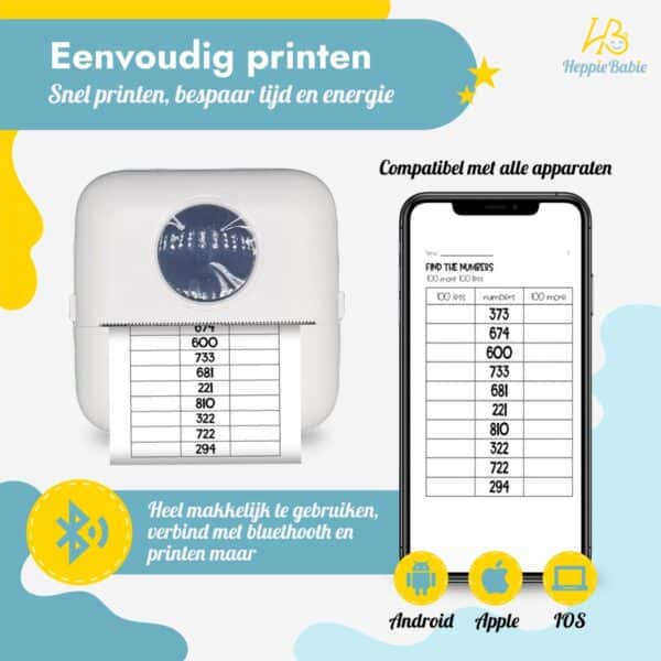 Draagbare printer, compatibel met Android, Apple en iOS.