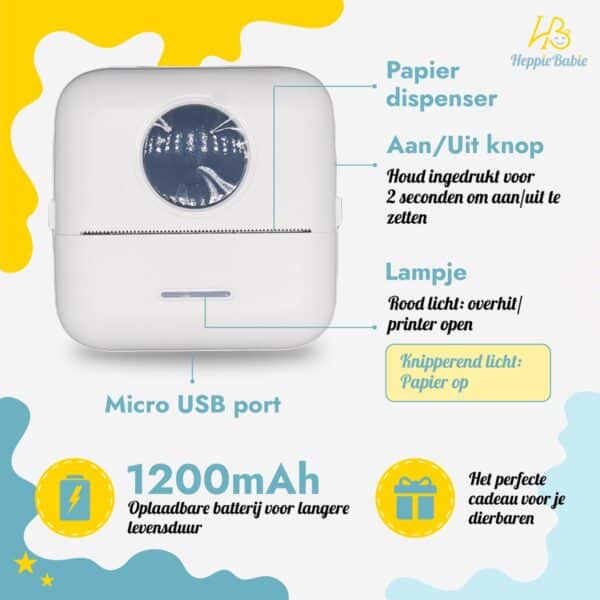 Draagbare mini-printer met USB-oplaadbare batterij.