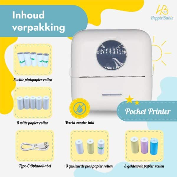 Pocketprinter met papier en oplaadkabel inhoud verpakking.