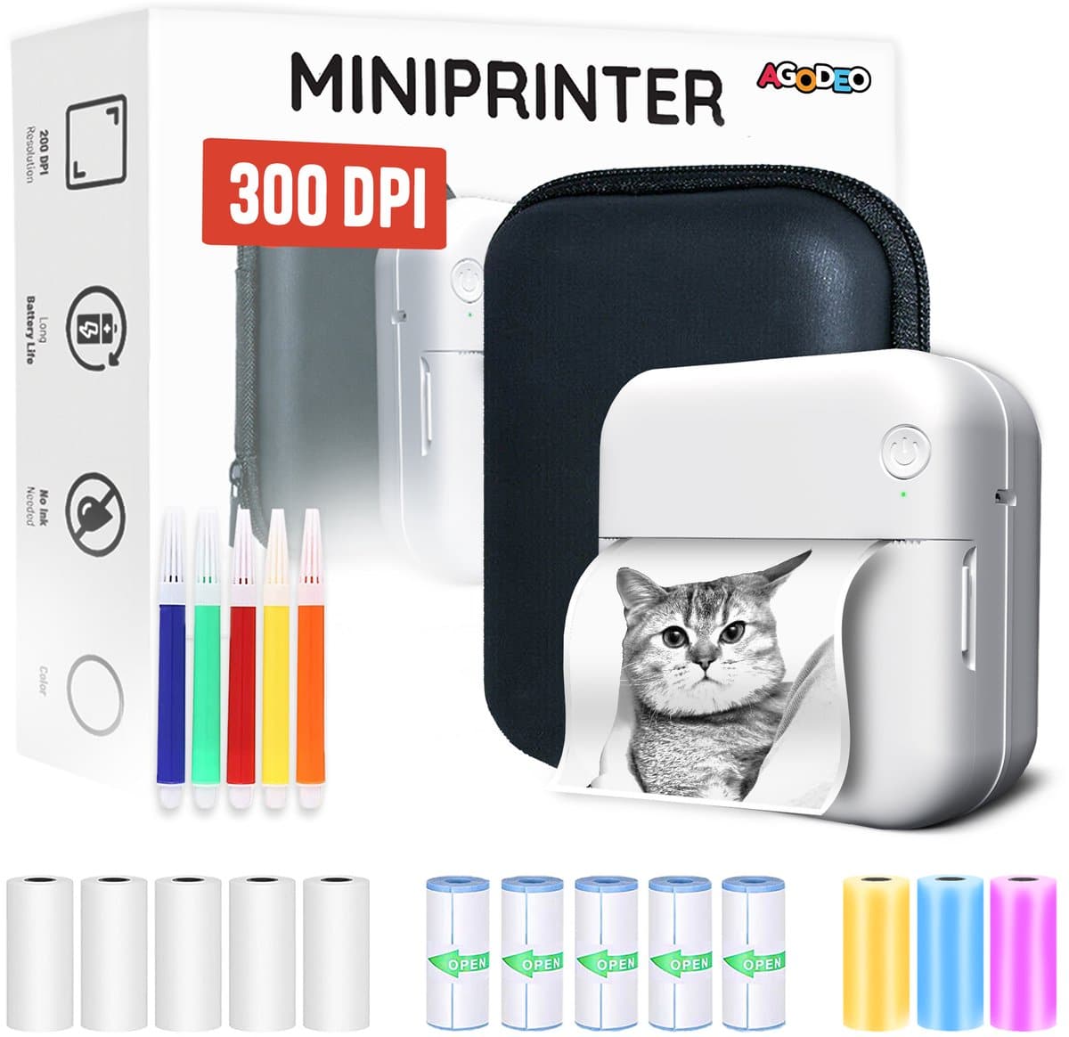 Draagbare miniprinter met accessoires, afdruk van kat.