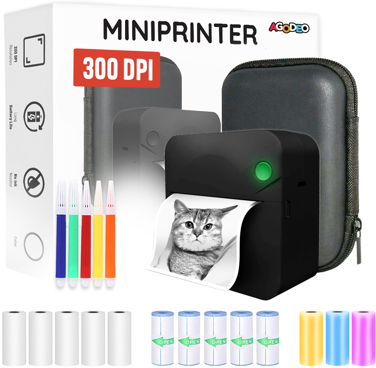 Draagbare miniprinter met accessoires en kattenafdruk.