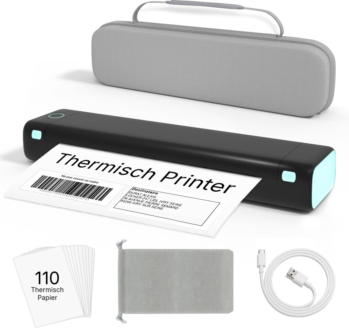 Draagbare thermische printer met accessoires en papier