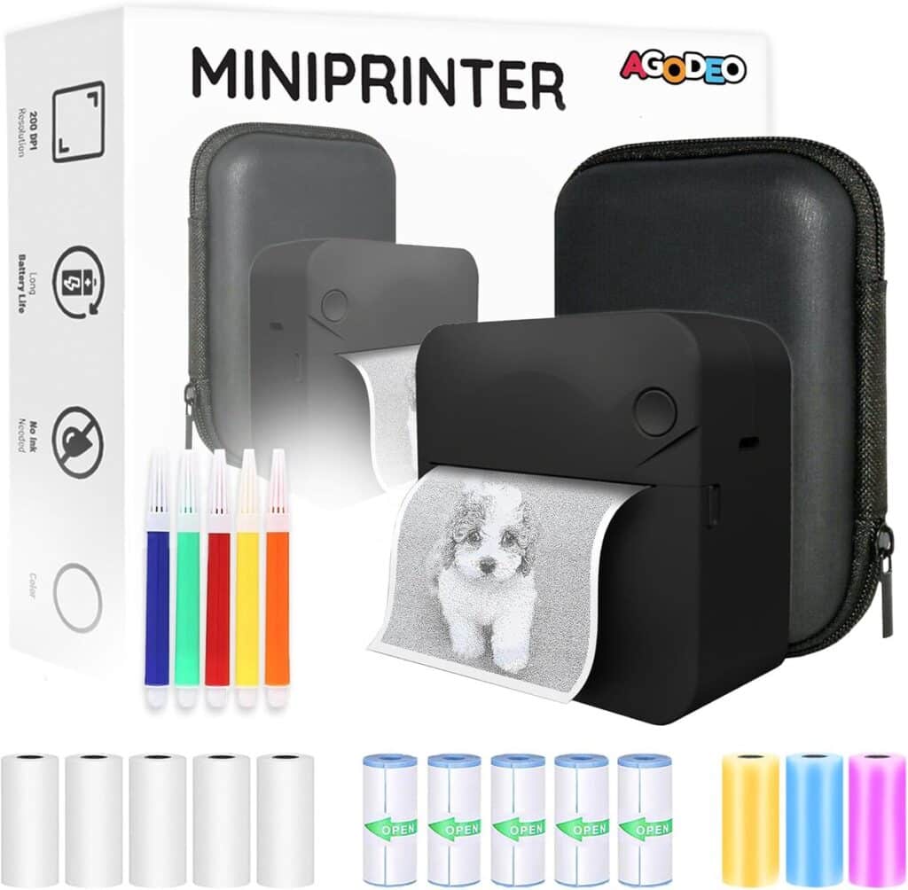 Mini printer met accessoires en opbergdoos.