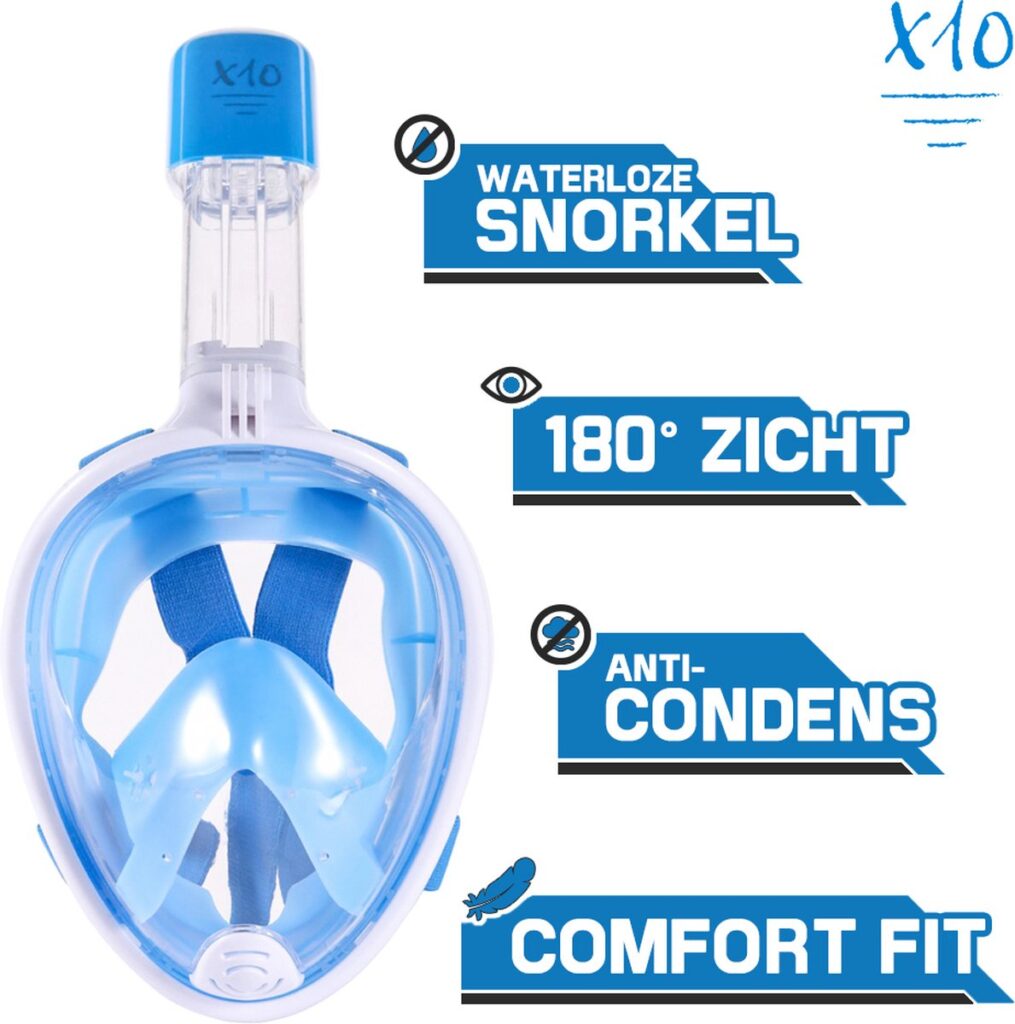 Blauwe snorkelmasker met 180° zicht, anti-condens.