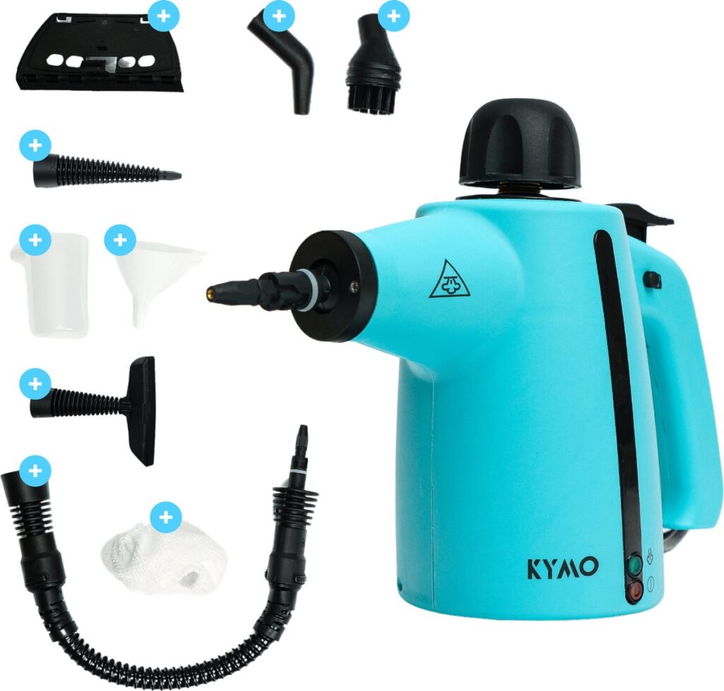 Blauwe stoomreiniger met accessoires