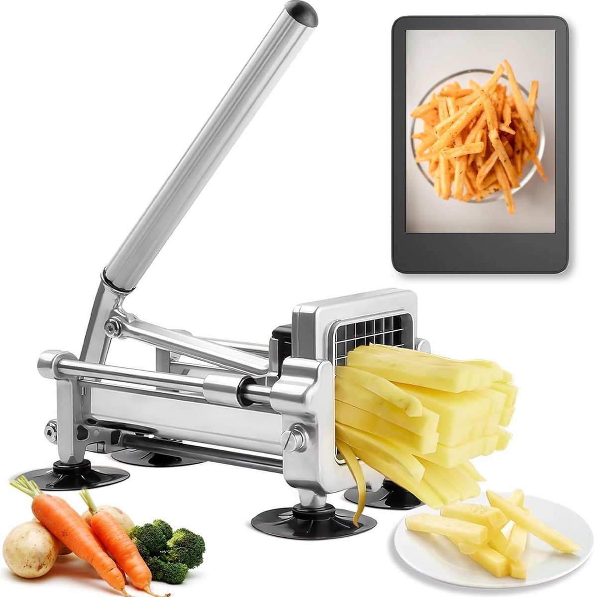 RVS frietsnijder met groenten en frietafbeelding.