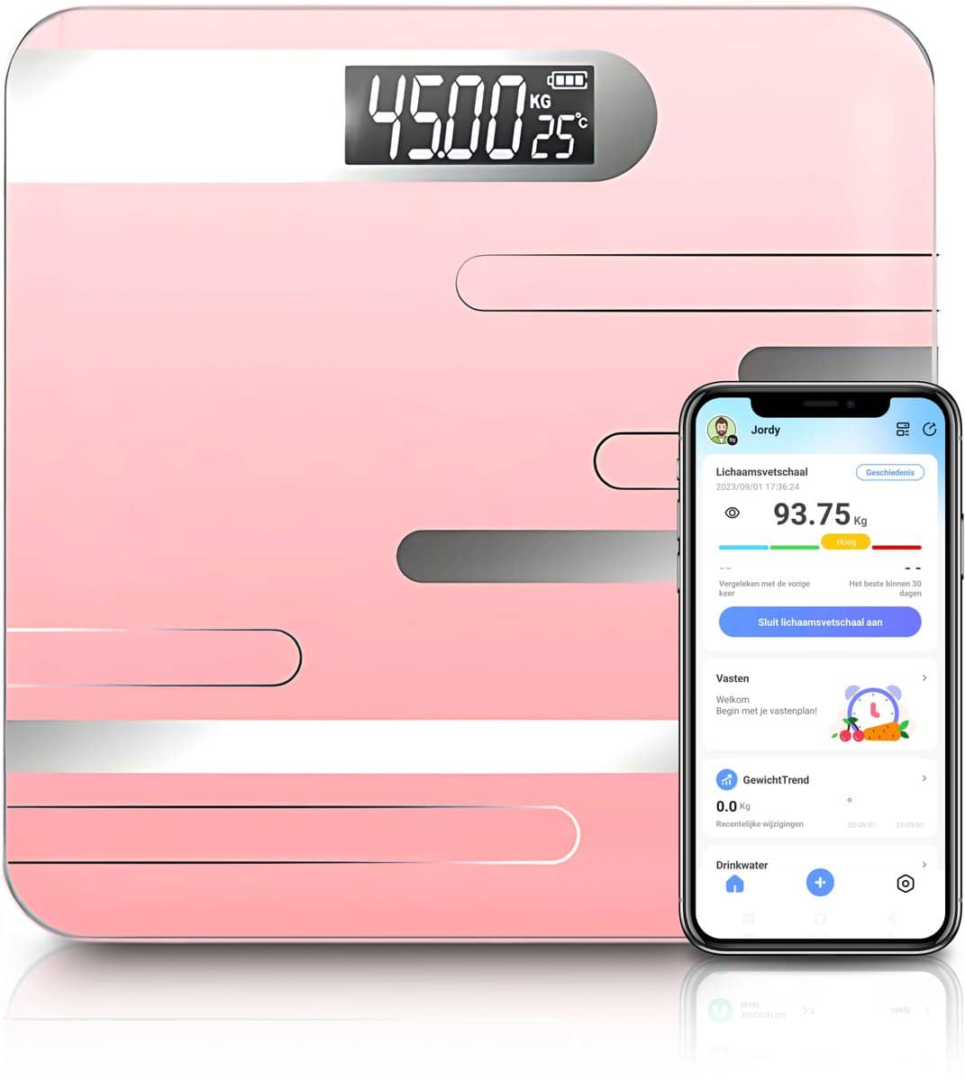 Digitale weegschaal met smartphone-app weergave.