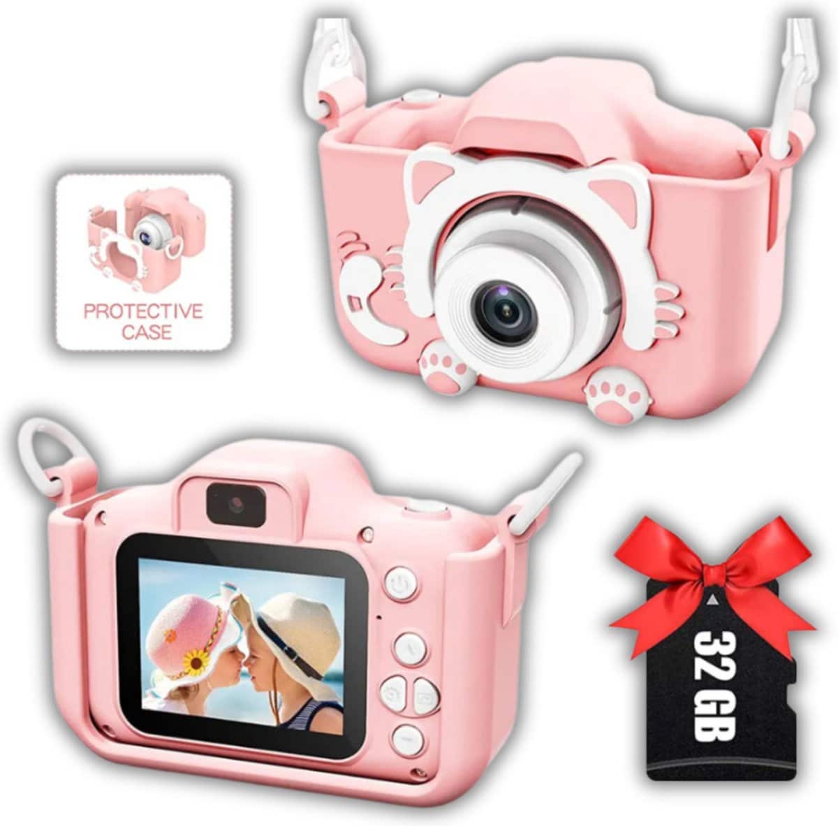 Roze kindercamera met beschermhoes en 32 GB SD-kaart