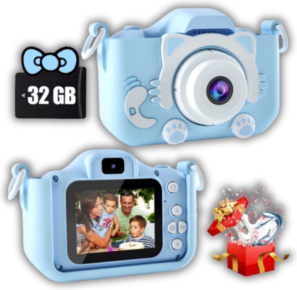 Blauwe kindercamera met 32GB kaart en cadeau verpakking