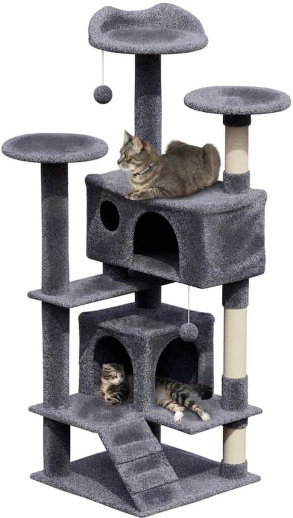 Plush cat tree with cats on different levels.