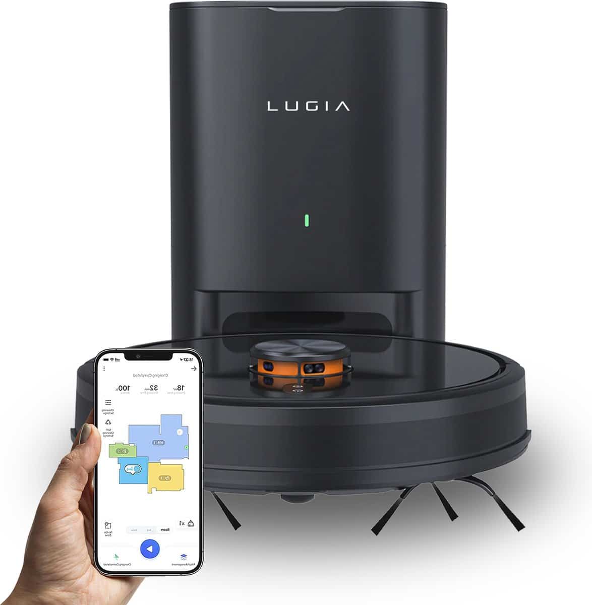 Robot vacuum cleaner with smartphone control and charging station.
