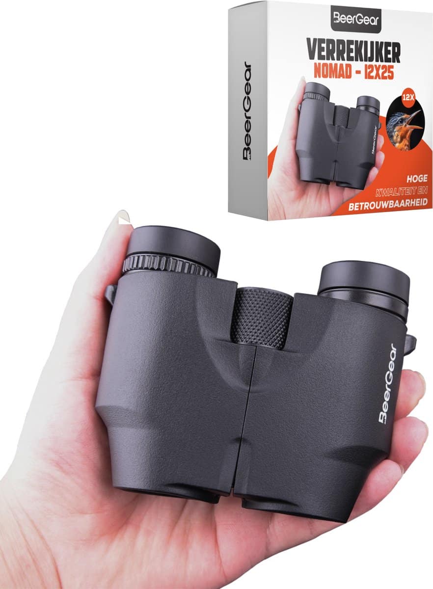 Hand holds compact binoculars with packaging.