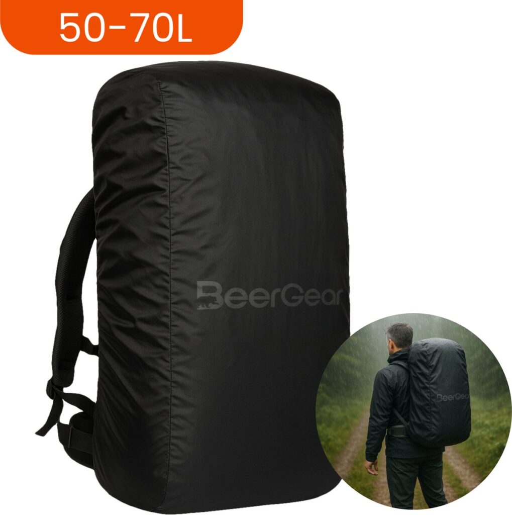 Zwarte waterdichte rugzakhoes 50-70 liter.