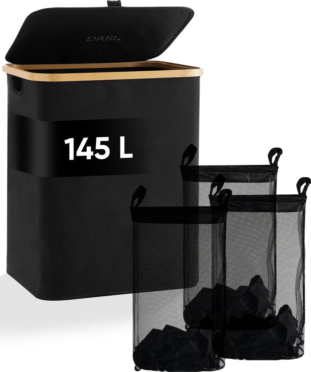 Zwarte wasmand 145L met drie waszakken.