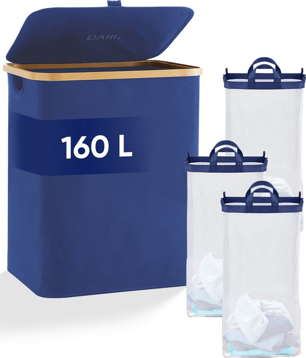Blauwe wasmand met drie waszakken, 160 liter.