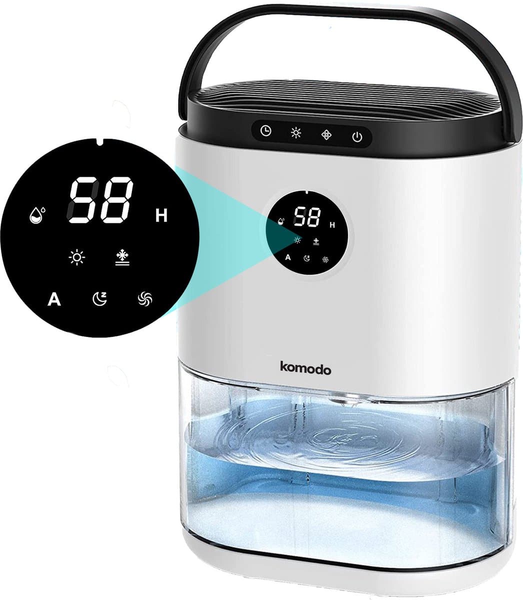 Luchtontvochtiger met digitaal display en waterreservoir.