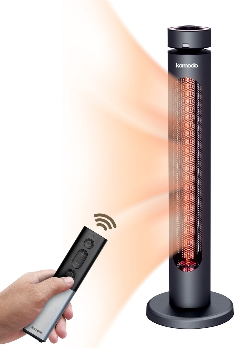 Elektrische kachel met afstandsbediening, verwarmingsstraal zichtbaar.