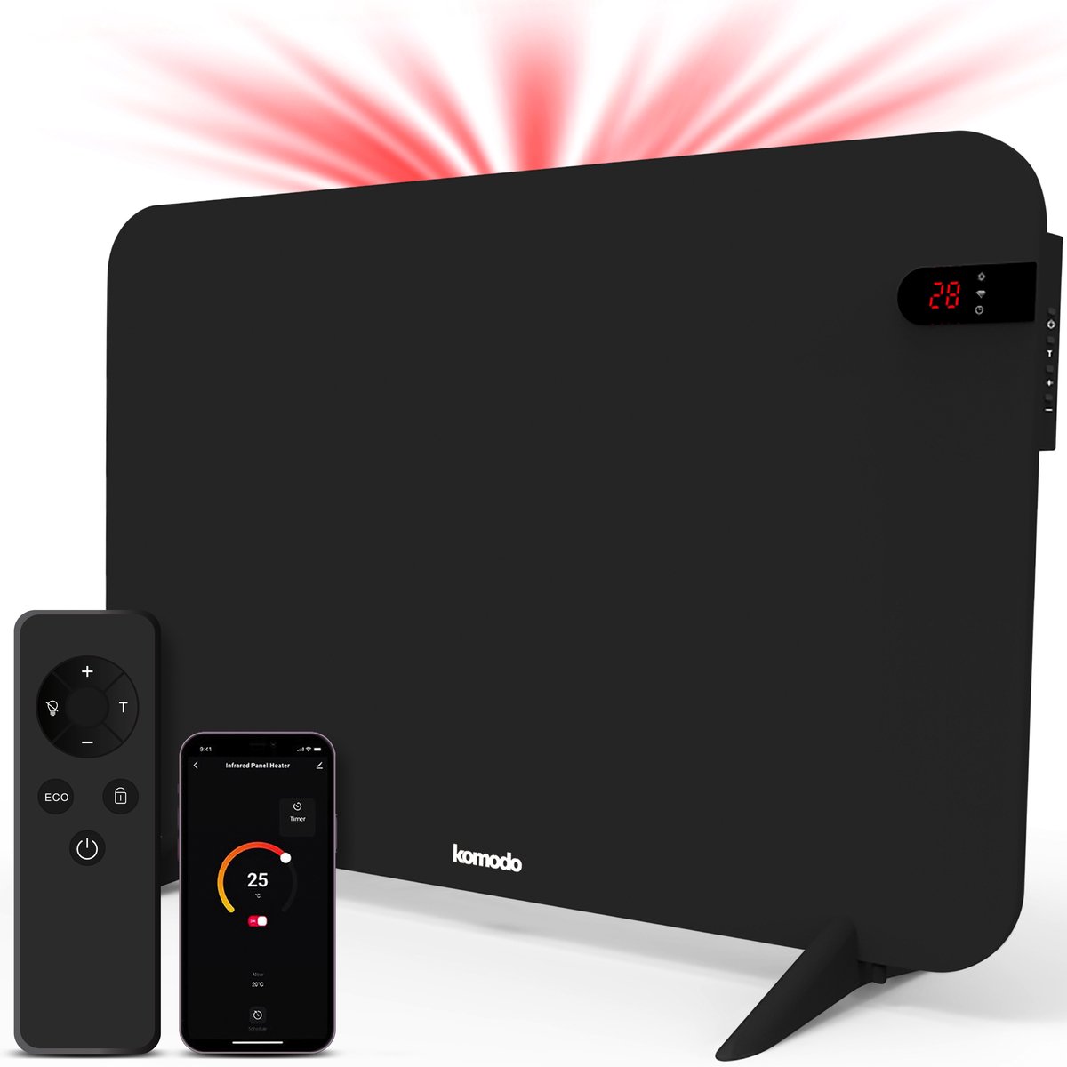 Black electric heater with remote control and smartphone control.