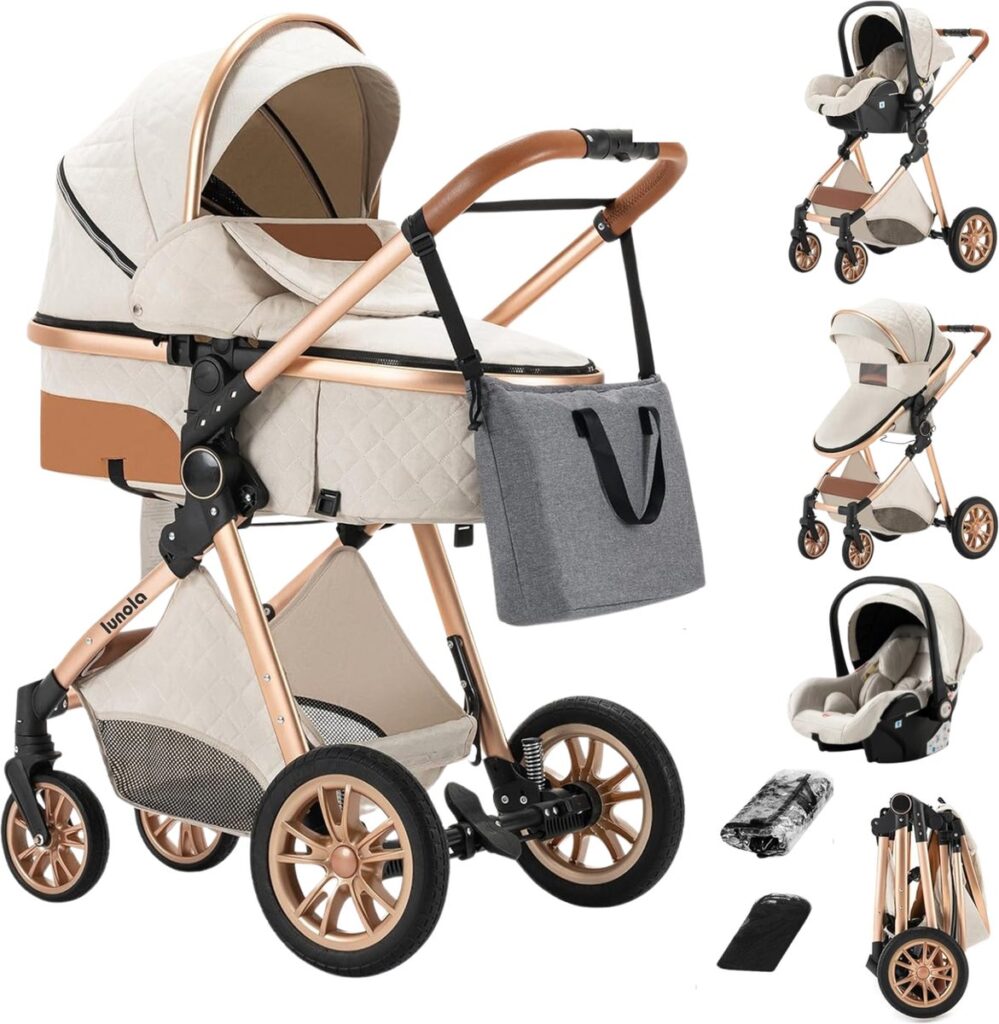 Luxe kinderwagen met accessoires en autostoel.