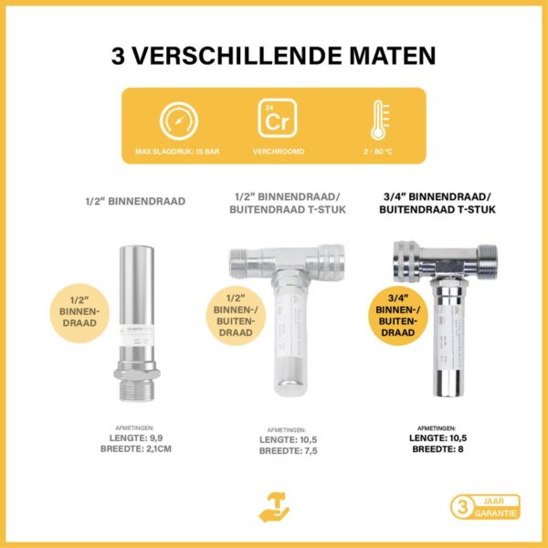 Verchroomde leidingmaten met schroefdraad en garantie.