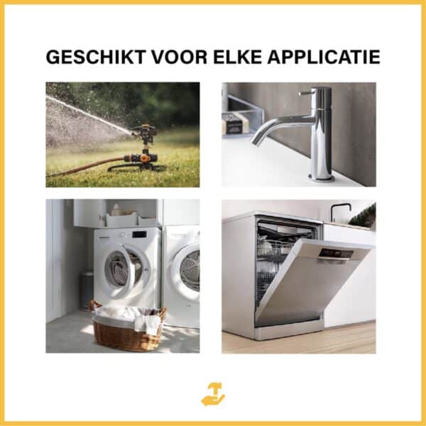 Vier apparaten: sproeier, kraan, wasmachine, vaatwasser.