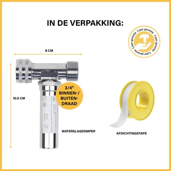 Waterslagdemper en afdichtingstape in verpakking.