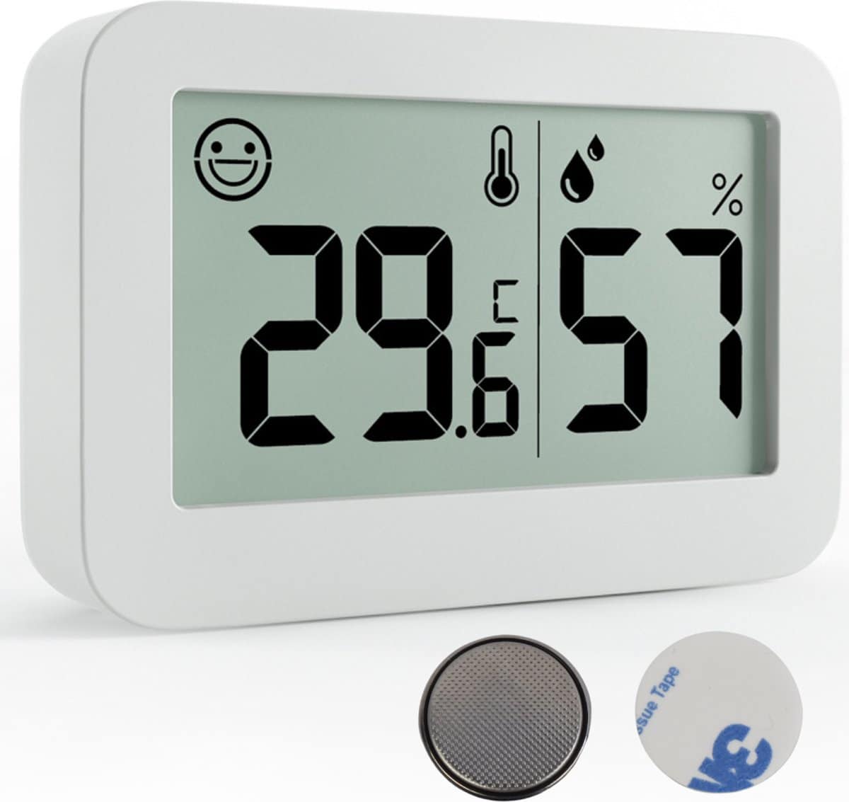 Digitale thermometer en hygrometer met batterij en tape