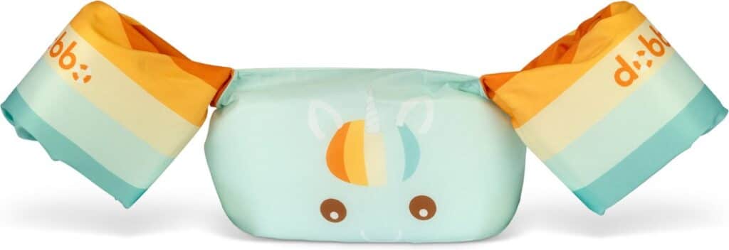 Groene zwemvest met eenhoornmotief en oranje accenten.