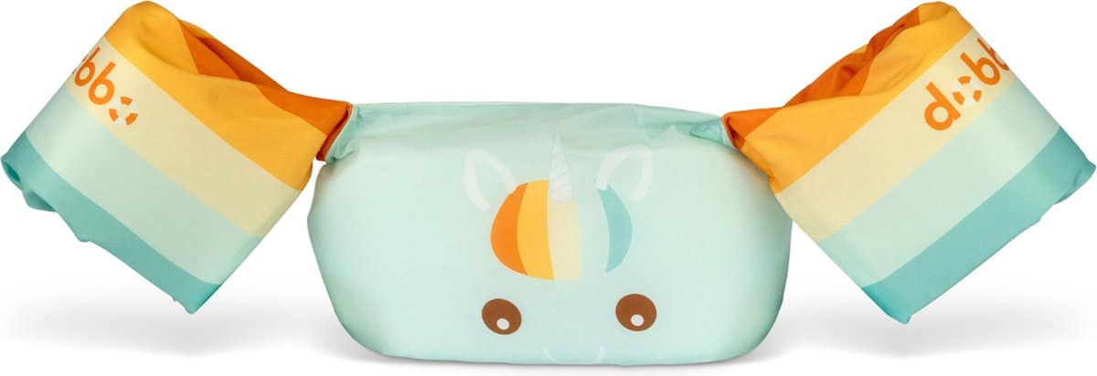 Groene zwemvest met eenhoornmotief en oranje accenten.