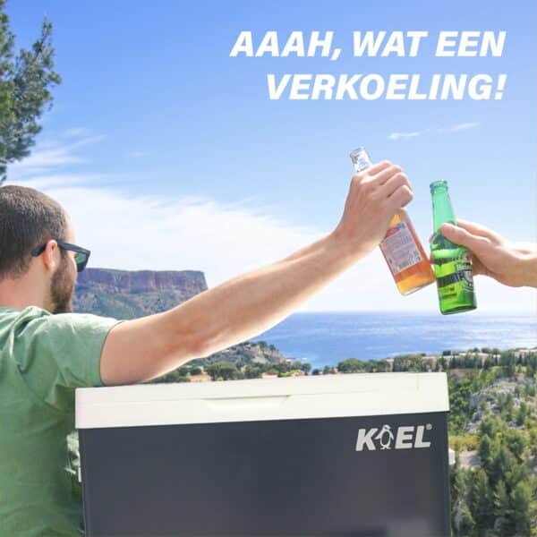 Proosten met drankjes bij koelbox en zeezicht.